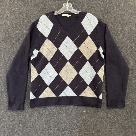 J Crew Sweater Men's Large Navy Blue Argyle 100% Lambswool V Neck Pullover - Picture 1 of 7